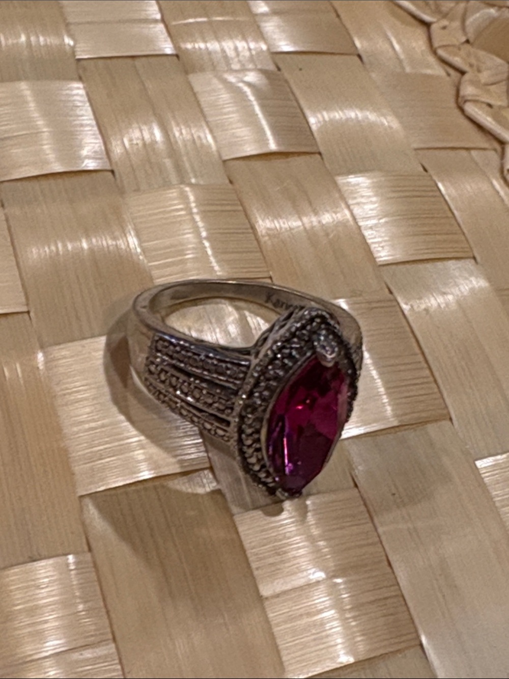 Vintage-Inspired Silver Ring with Pink Marquise Stone